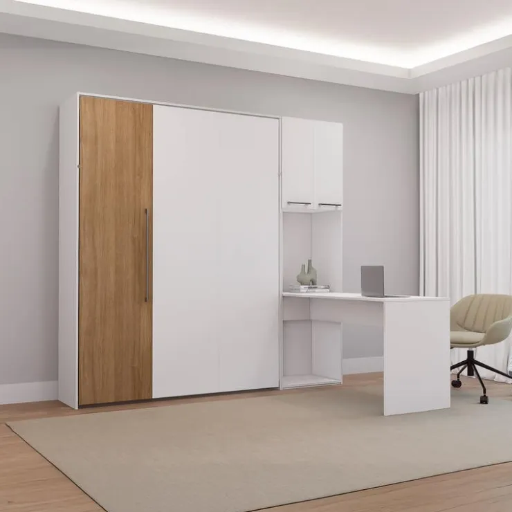 Queen Murphy Bed with Storage Cabinets and Desk - White & Brown Discount