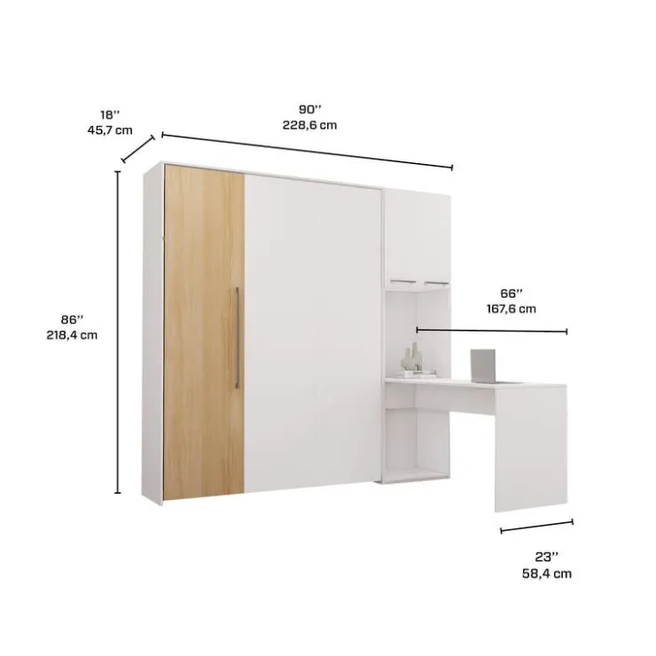 Queen Murphy Bed with Storage Cabinets and Desk - White & Natural