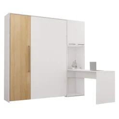 Queen Murphy Bed with Storage Cabinets and Desk - White & Natural
