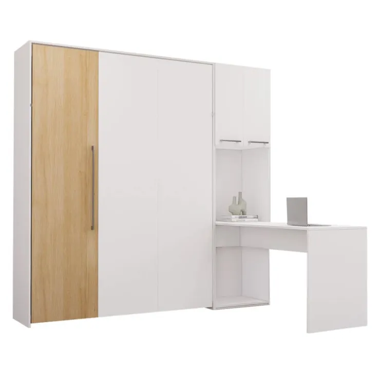 Queen Murphy Bed with Storage Cabinets and Desk - White & Natural