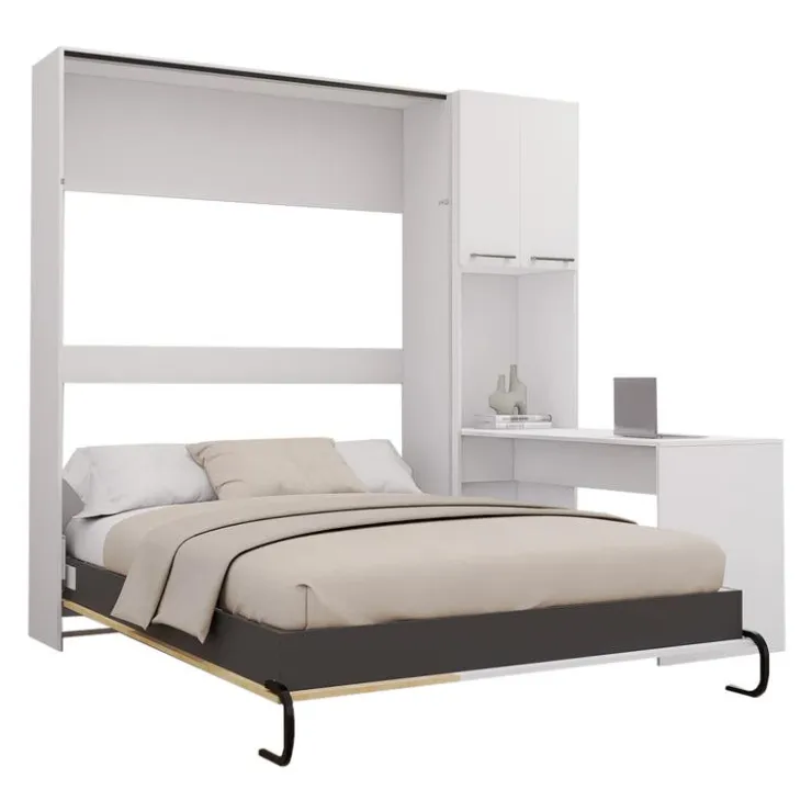 Queen Murphy Bed with Storage Cabinets and Desk - White & Natural