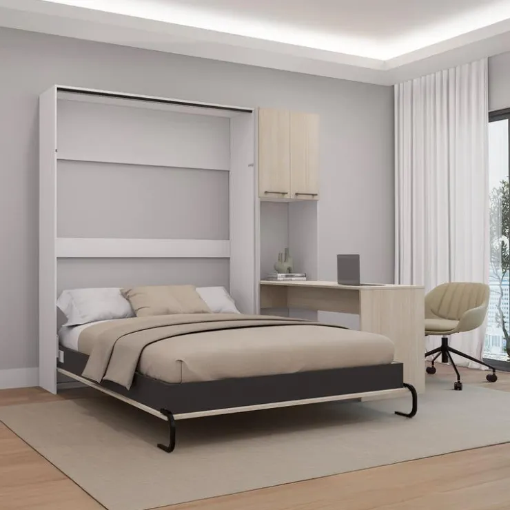 Queen Murphy Bed with Storage Cabinets and Desk - Grey