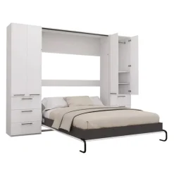 Queen Murphy Bed with Storage Units - White