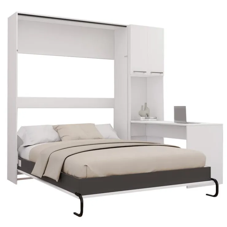 Queen Murphy Bed with Storage Cabinets and Desk - White Discount