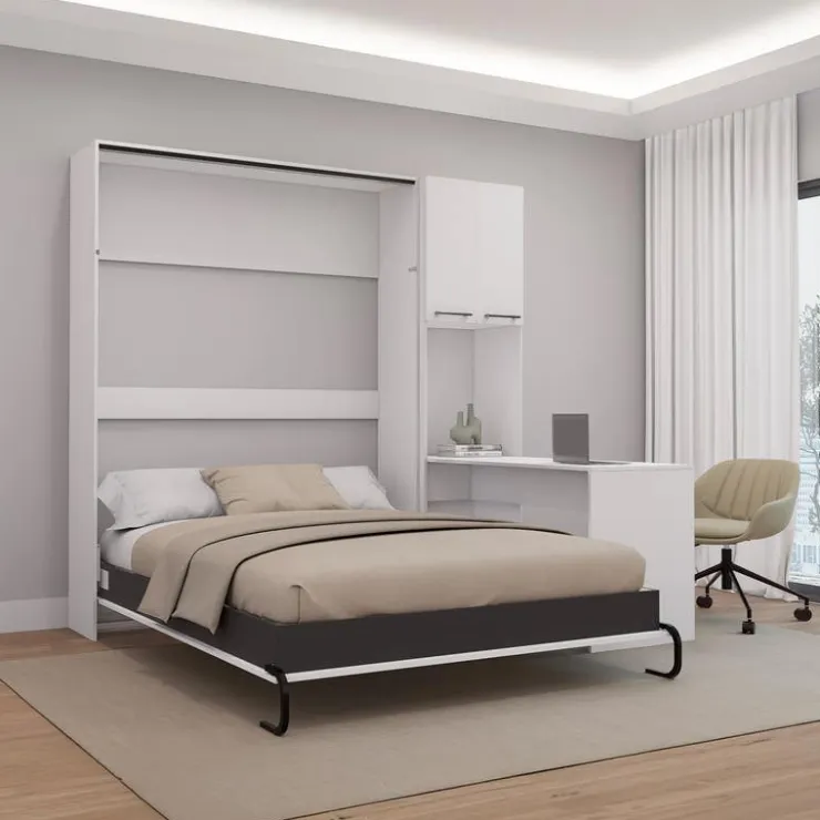 Queen Murphy Bed with Storage Cabinets and Desk - White Discount