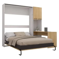 Queen Murphy Bed with Storage Cabinets and Desk - Natural Hot