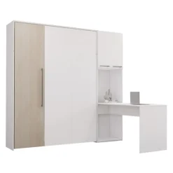 Queen Murphy Bed with Storage Cabinets and Desk - White & Grey Sale