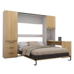 Queen Murphy Bed with Storage Units and Desk - Natural Outlet