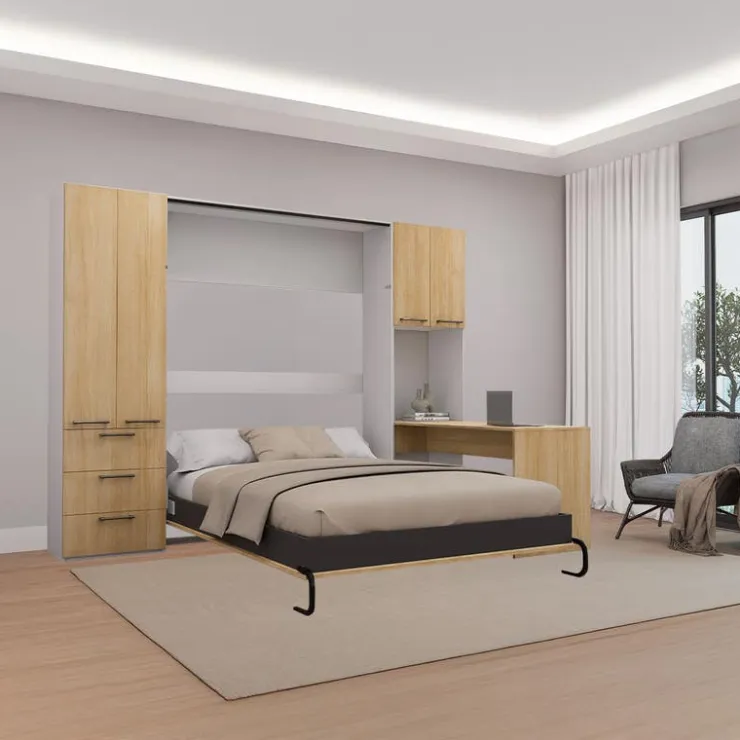 Queen Murphy Bed with Storage Units and Desk - Natural Outlet