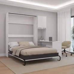 Queen Murphy Bed with Storage Cabinets and Desk - White Online