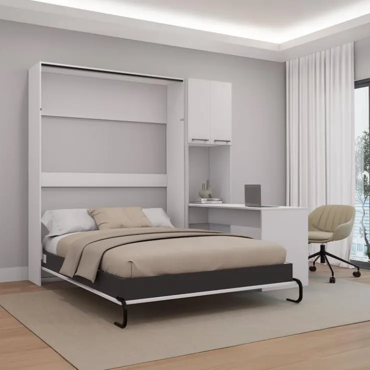 Queen Murphy Bed with Storage Cabinets and Desk - White Online