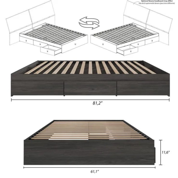 Nexera Queen Platform Bed with 3-Drawer Storage (60") - Grey Clearance