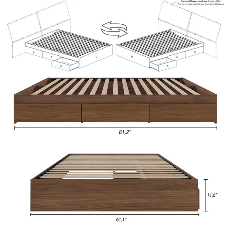 Nexera Queen Platform Bed with 3-Drawer Storage (60") - Brown Clearance