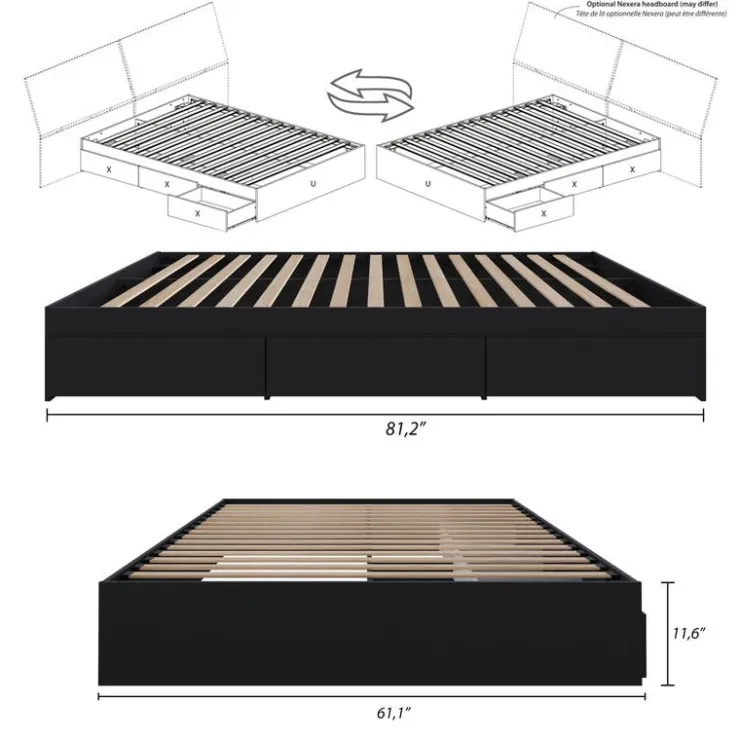 Nexera Queen Platform Bed with 3-Drawer Storage (60") - Black New