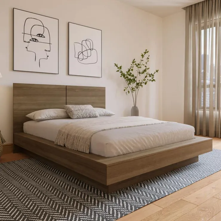 Nexera Queen Platform Bed with Headboard (60") - Brown Oak Discount