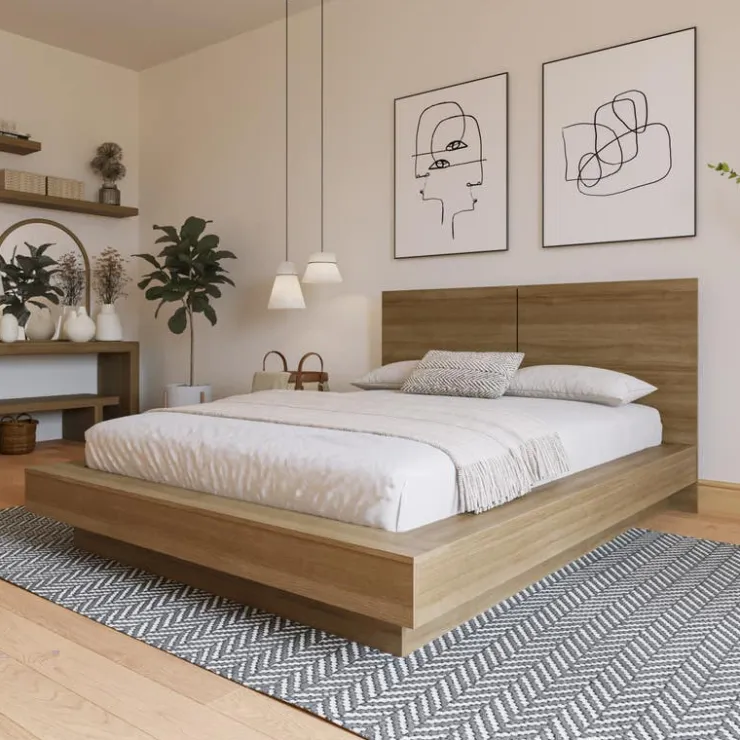 Nexera Queen Platform Bed with Headboard (60") - Brown Oak Discount