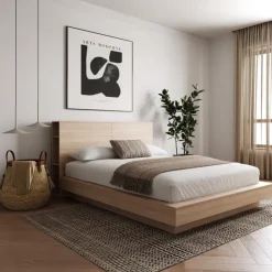 Nexera Queen Platform Bed with Headboard (60") - Natural Blonde Oak Clearance