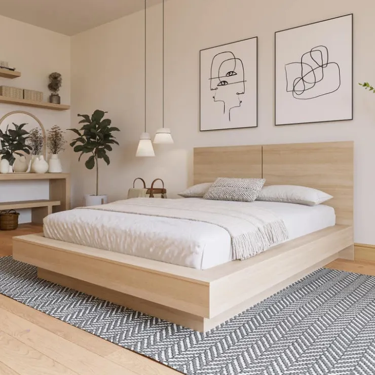 Nexera Queen Platform Bed with Headboard (60") - Natural Blonde Oak Clearance