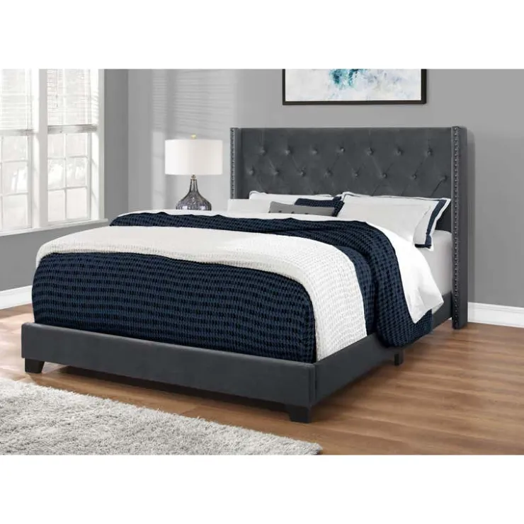 Monarch Queen Velvet Bed with Headboard (60") - Dark Grey