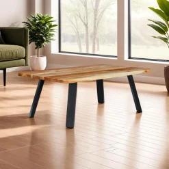 Rectangular Solid Wood Coffee Table Acacia natural and black metal New