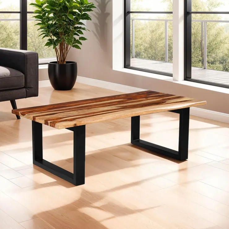 Rectangular Solid Wood Coffee Table Natural sheesham and black metal Best