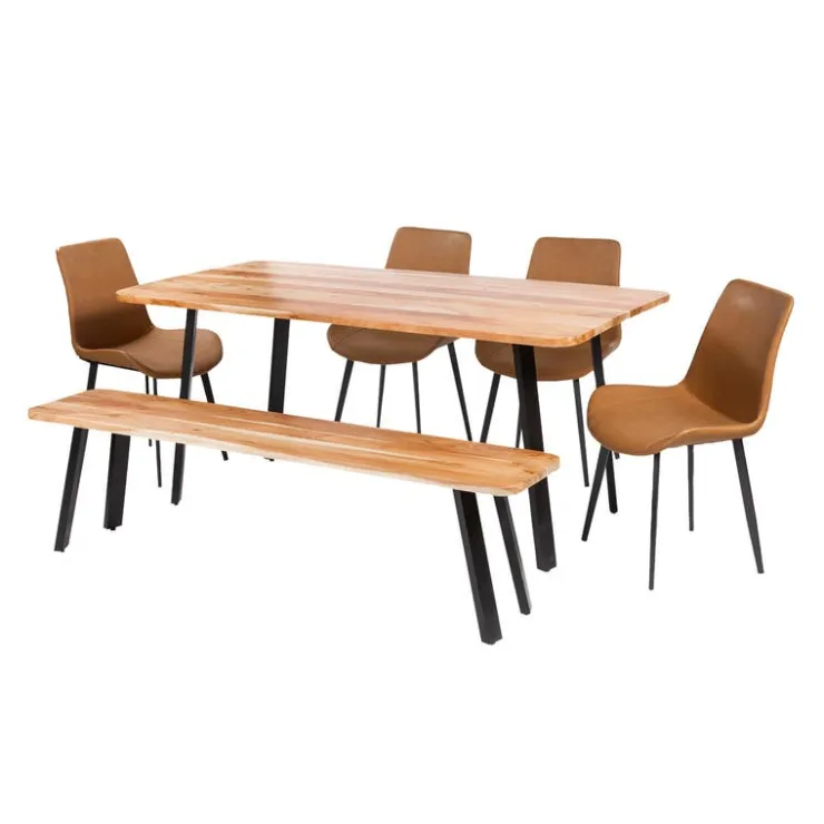 Rectangular Solid Wood Dining Table, 4 Chairs & Bench - 67" SHEESHAM/ORANGE Clearance