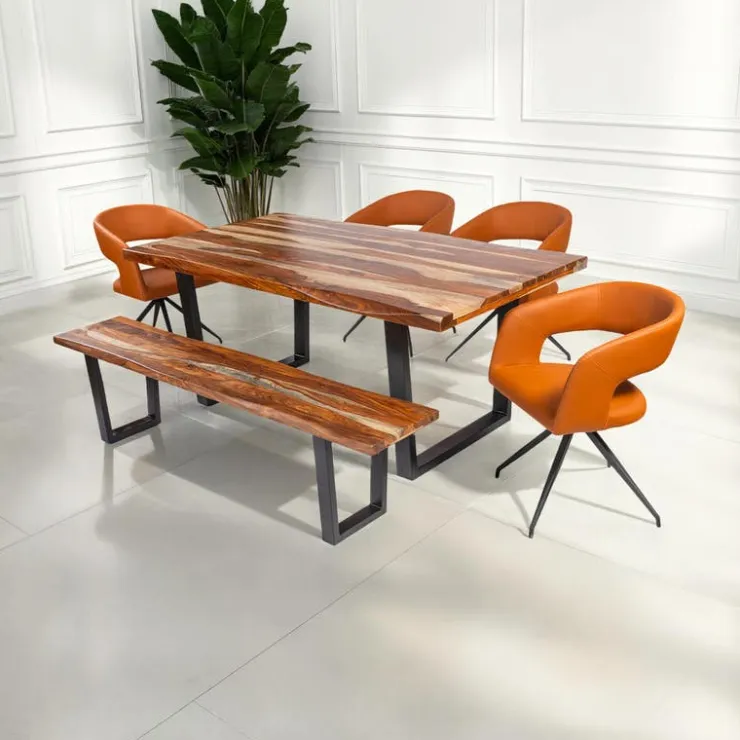 Rectangular Solid Wood Dining Table, 4 Chairs & Bench - 72" SHEESHAM/ORANGE Discount