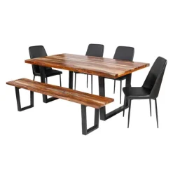 Rectangular Solid Wood Dining Table, 4 Chairs & Bench - 72" SHEESHAM/BLACK Outlet
