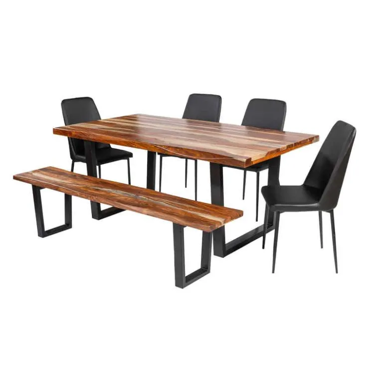 Rectangular Solid Wood Dining Table, 4 Chairs & Bench - 72" SHEESHAM/BLACK Outlet