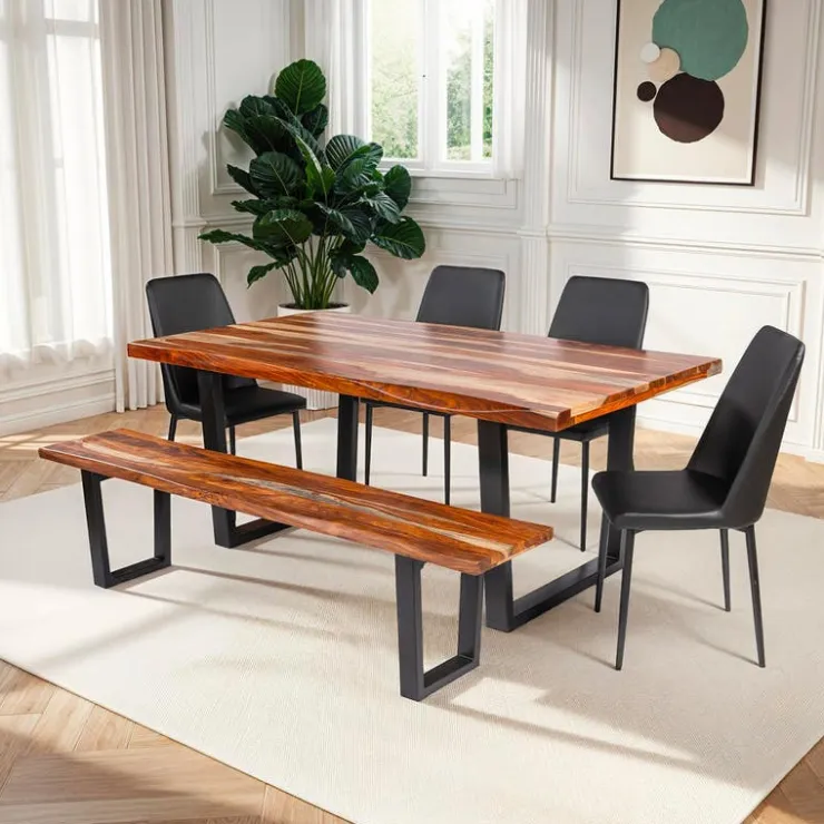Rectangular Solid Wood Dining Table, 4 Chairs & Bench - 72" SHEESHAM/BLACK Outlet