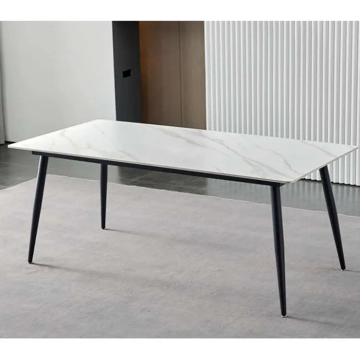 Rectangular White Sintered Stone Dining Table - 59" White/Black Legs Clearance