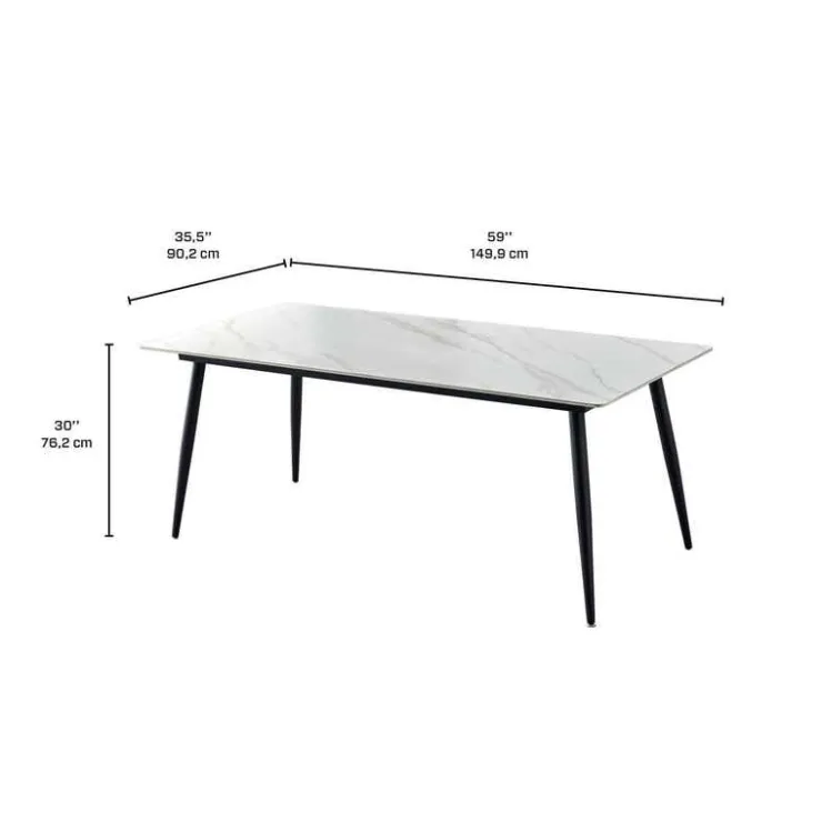 Rectangular White Sintered Stone Dining Table - 59" White/Black Legs Clearance
