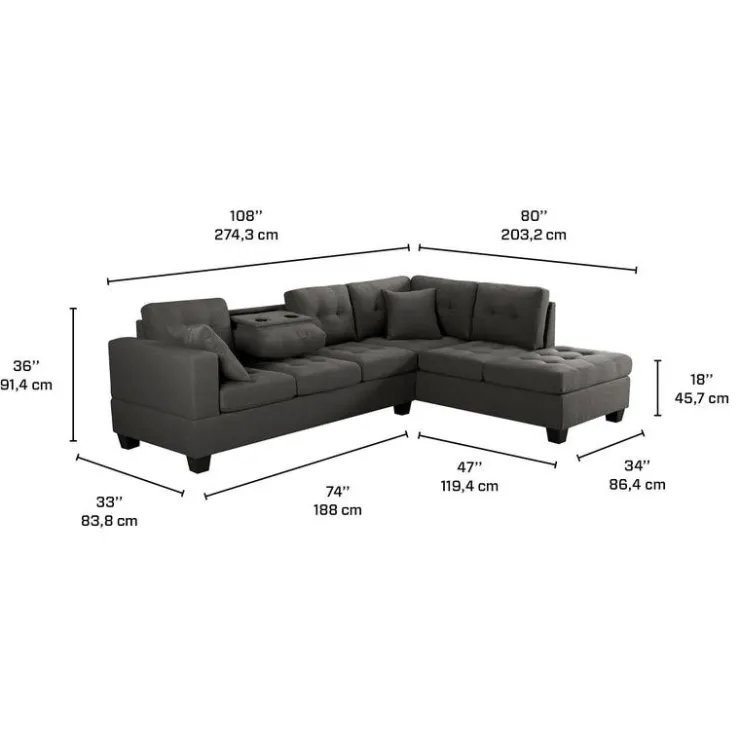 Reversible Sectional with a Drop-Down Backrest and Cup Holders Gris New