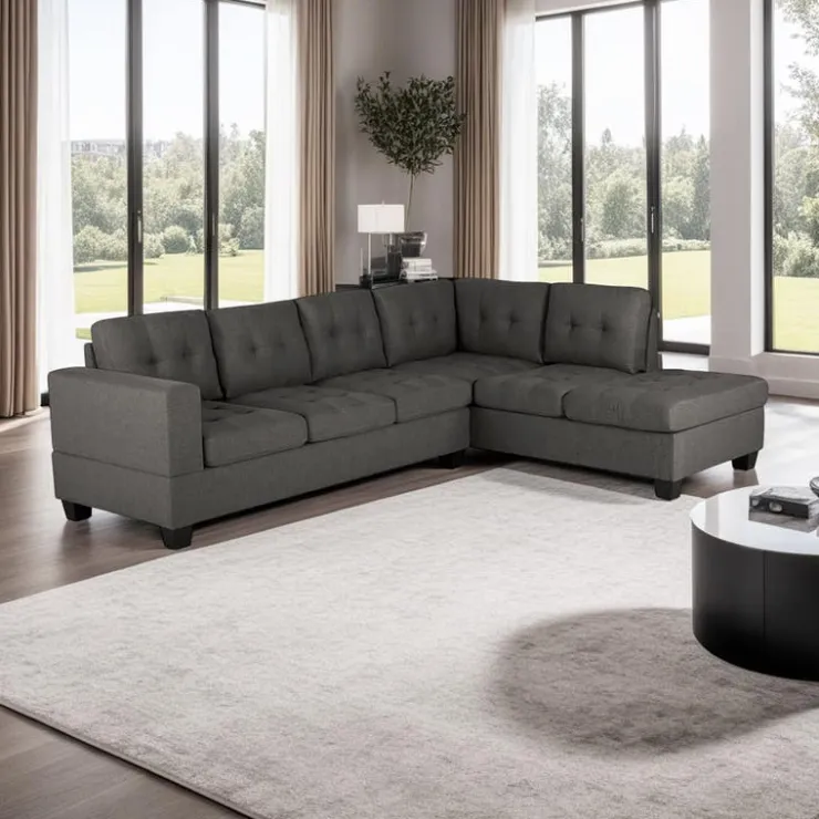Reversible Sectional with a Drop-Down Backrest and Cup Holders Gris New