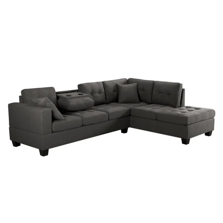 Reversible Sectional with a Drop-Down Backrest and Cup Holders Gris New