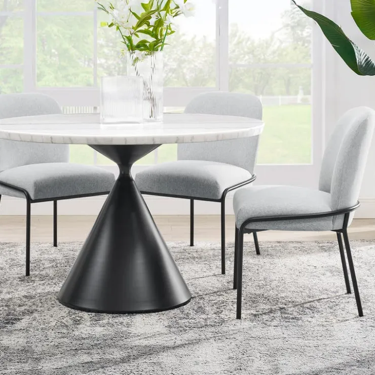 Round Marble Dining Table with 4 Upholstered Chairs - 48" marble, black base