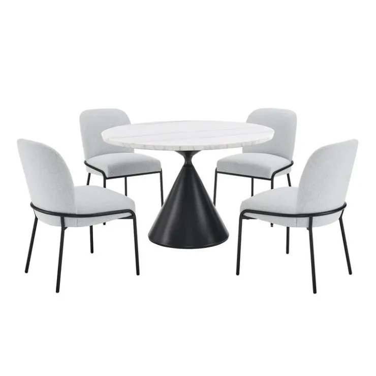 Round Marble Dining Table with 4 Upholstered Chairs - 48" marble, black base