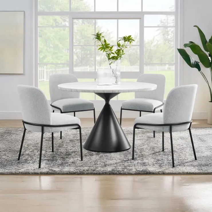 Round Marble Dining Table with 4 Upholstered Chairs - 48" marble, black base