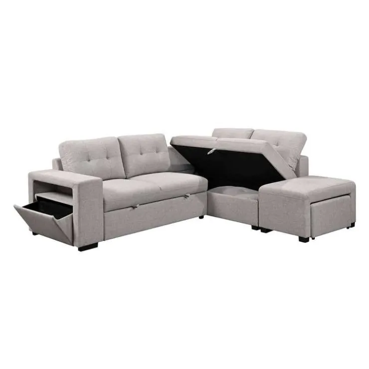 Sectional Bed with Chaise, Storage, and 2 Removable Ottomans Grey Outlet