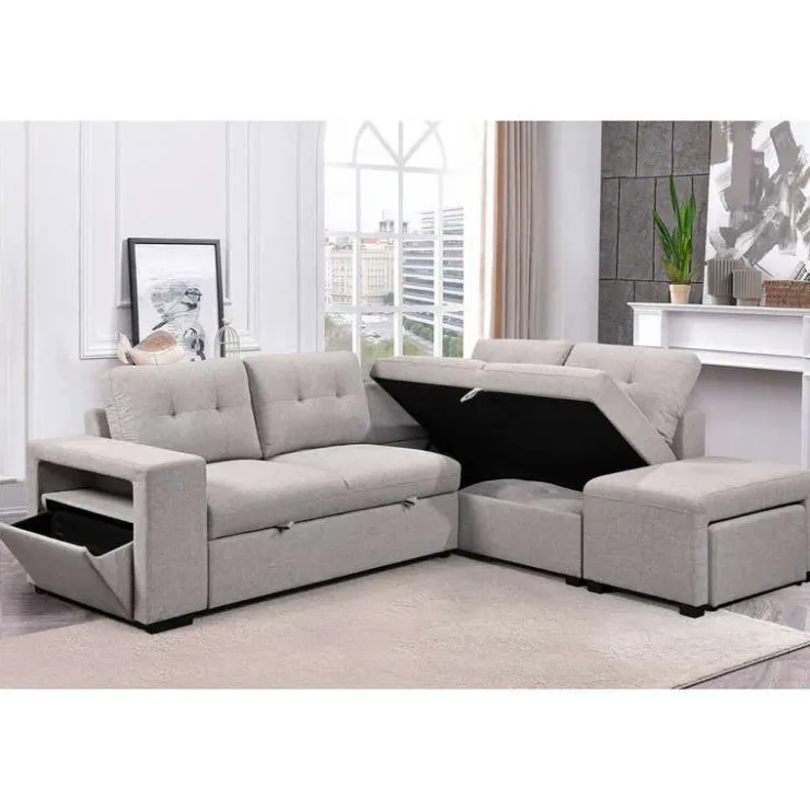 Sectional Bed with Chaise, Storage, and 2 Removable Ottomans Grey Outlet