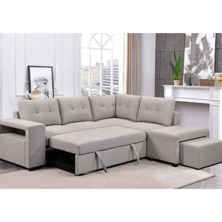 Sectional Bed with Chaise, Storage, and 2 Removable Ottomans Grey Outlet
