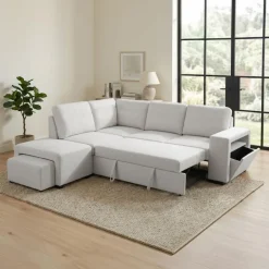 Sectional Bed with Left-Facing Chaise, Storage Compartments and an Extendable Ottoman Ivory Sale
