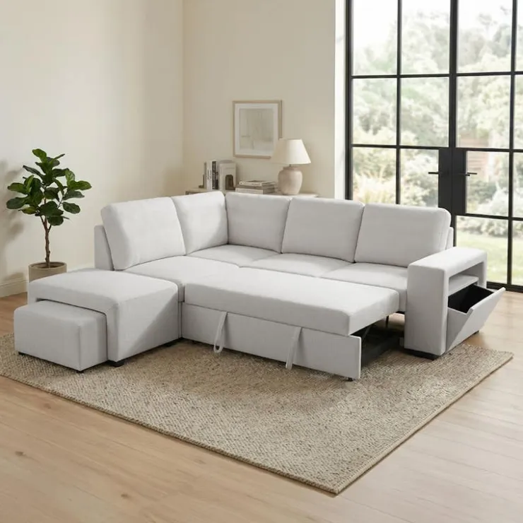 Sectional Bed with Left-Facing Chaise, Storage Compartments and an Extendable Ottoman Ivory Sale