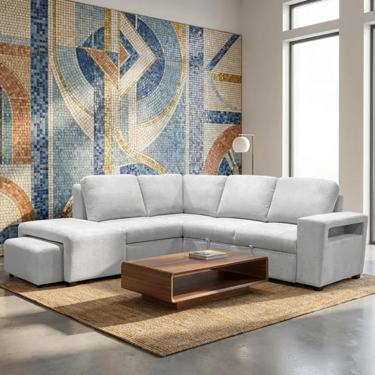 Sectional Bed with Left-Facing Chaise, Storage Compartments and an Extendable Ottoman Ivory Sale
