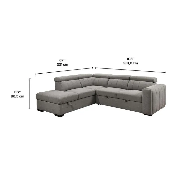 Sectional Bed with Left-Side Chaise, Adjustable Headrests, and Storage Grey Clearance