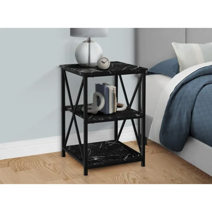 Monarch Side table / nightstand - 3 tiers / 2 shelves / square - 26"h - marble- - Black Online