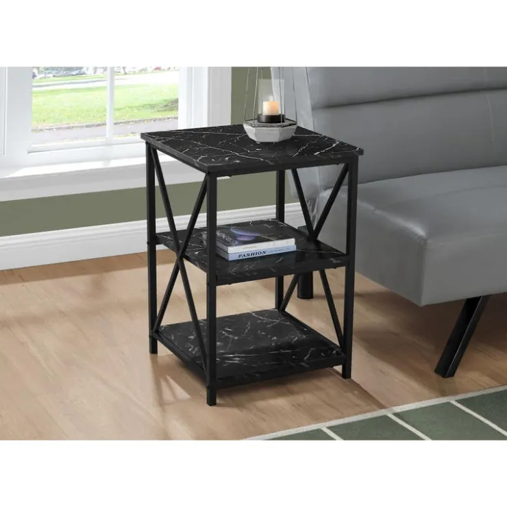 Monarch Side table / nightstand - 3 tiers / 2 shelves / square - 26"h - marble- - Black Online