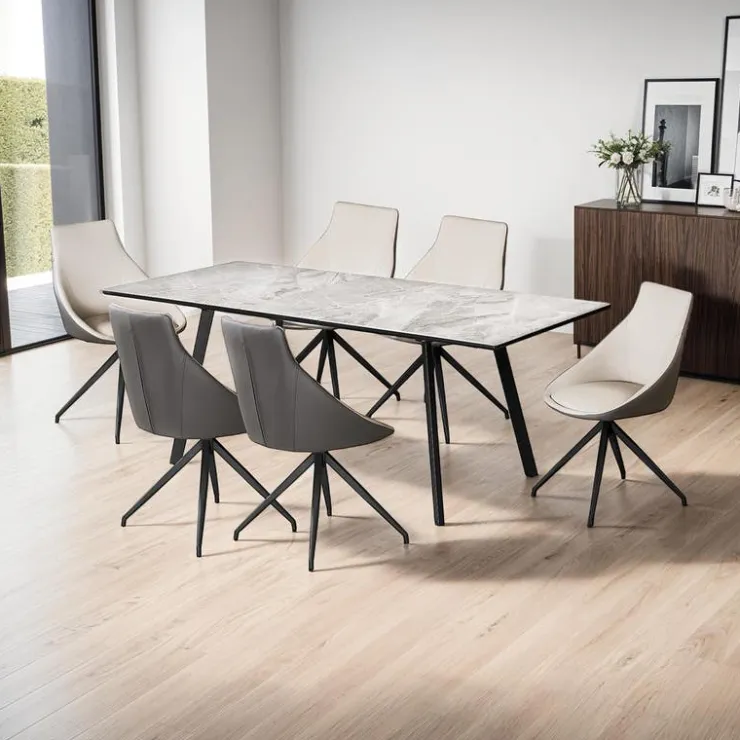 Sintered Stone Table and 6 Kitchen Armchairs - Cream and Grey Marble/Black/Cream/Grey Clearance
