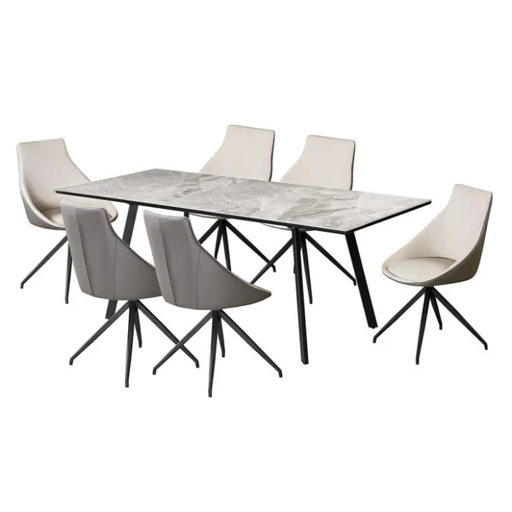 Sintered Stone Table and 6 Kitchen Armchairs - Cream and Grey Marble/Black/Cream/Grey Clearance