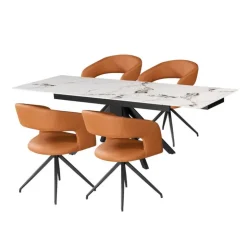 Sintered Stone Table and 4 Kitchen Armchairs - Pumpkin Orange Grey/White/Black/Tan New